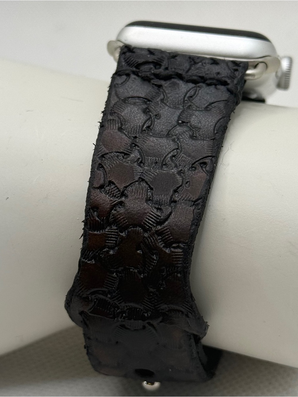 Handmade Black Leather Apple Watch Band – Hand-Stamped Basket Weave